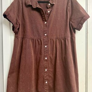 Brown Denim Short Sleeve Button-Up Dress